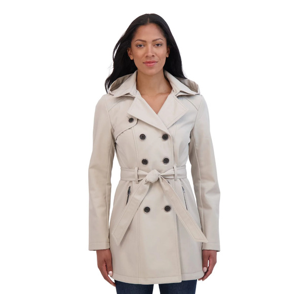 Sebby Double Breasted Cream SoftShell Trench Coat Detachable Hood Women's Large - Picture 10 of 10